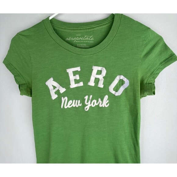 VTG Aeropostale T-Shirt Baby Tee Womens Large Green Cap Sleeve Distressed Logo - Picture 2 of 11